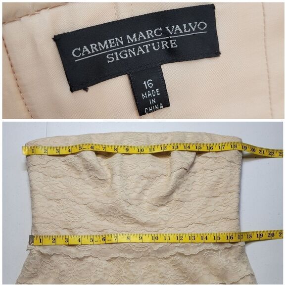 Carmen Marc Valvo Strapless Lace Dress in Cream Pink Mauve Ombre Midi Length - Picture 13 of 15